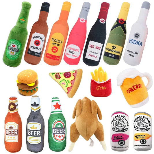 ‘Cheers Mate!’ Squeaky Beer Bottle & Food Shaped Dog Toys